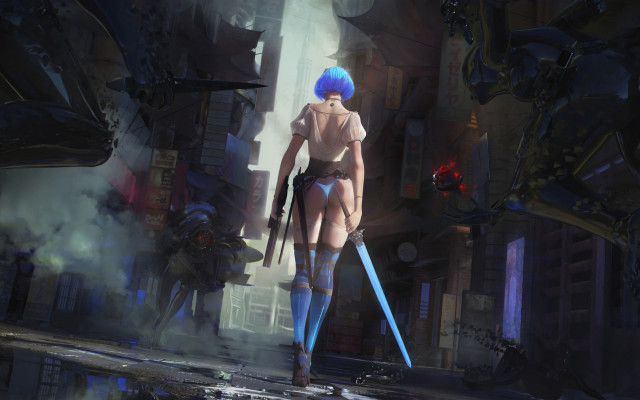 Blue hair woman sword robot free wallpaper - medium preview image