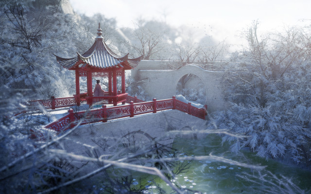 Red pagoda snowy landscape bridge free wallpaper - medium preview image