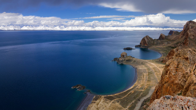 Mountain lake beach road clouds free wallpaper - medium preview image