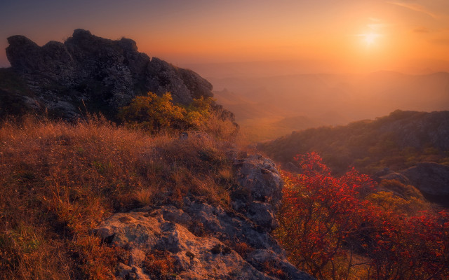 Sunset mountain autumn leaves lake free wallpaper - medium preview image