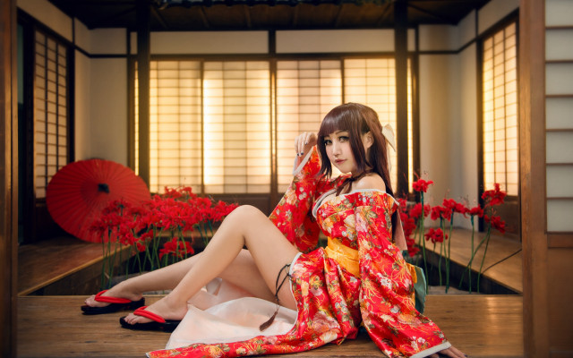 Woman kimono red umbrella flower free wallpaper - medium preview image