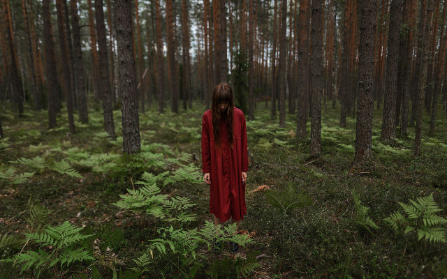 Woman red dress forest surreal free wallpaper - medium preview image