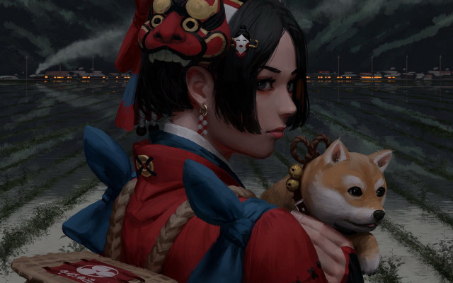 Woman dog cartoon fantasy digital free wallpaper - medium preview image
