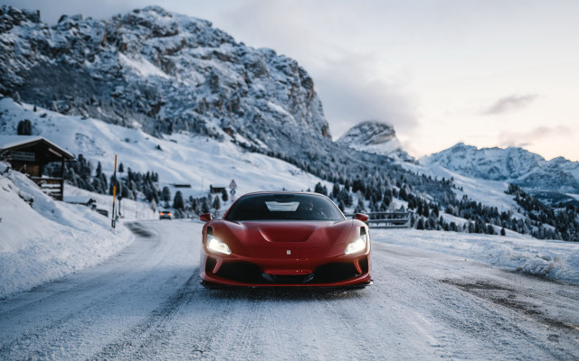 Red sports car snowy mountains free wallpaper - medium preview image