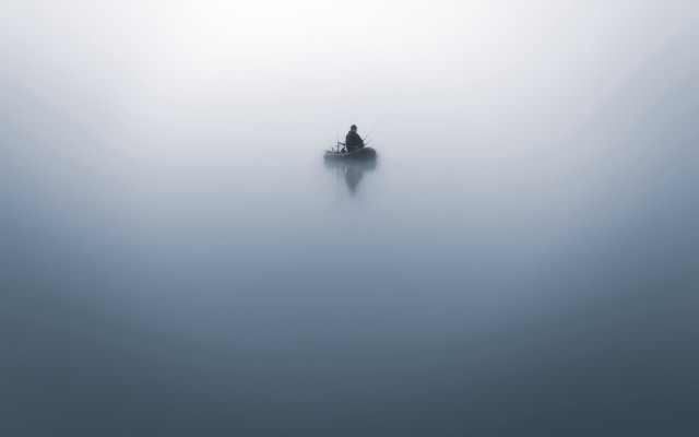 Lone boat foggy lake minimalist free wallpaper - medium preview image