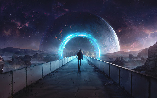 Bridge man space scene blue free wallpaper - medium preview image