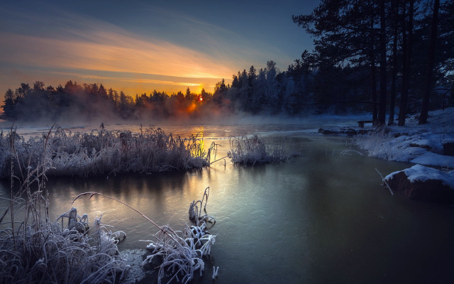 River sunset fog trees ice free wallpaper - medium preview image