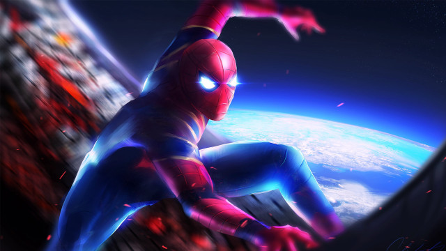 Spiderman futuristic suit flying earth free wallpaper - medium preview image