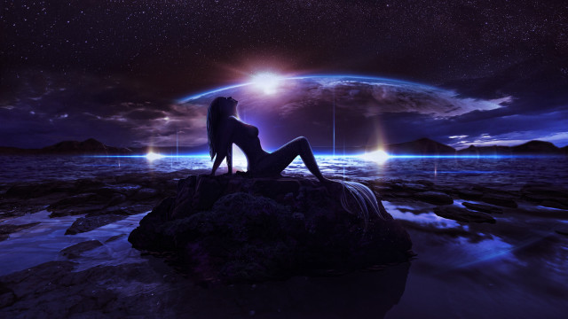 Woman ocean earth space aurora free wallpaper - medium preview image