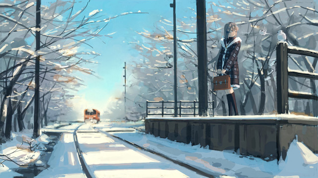 Woman snow train track suitcase free wallpaper - medium preview image