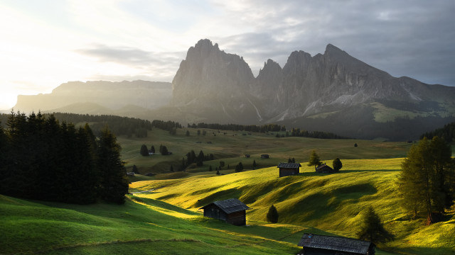 Green field mountains houses trees free wallpaper - medium preview image
