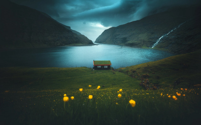 House field lake clouds mountains free wallpaper - medium preview image