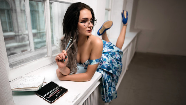 Woman window scissors book glasses free wallpaper - medium preview image