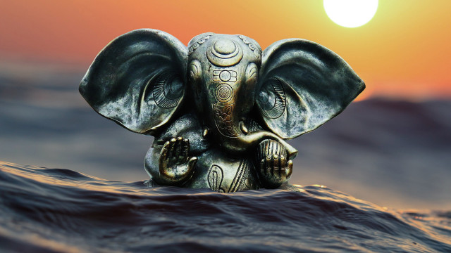 Elephant statue ocean sunset bronze free wallpaper - medium preview image