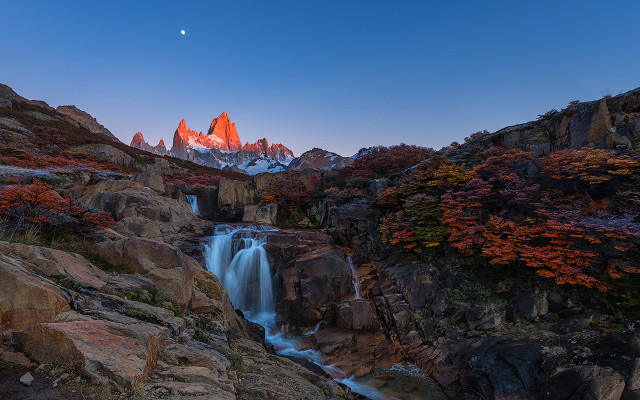Waterfall mountain sunset moon trees free wallpaper - medium preview image
