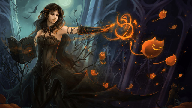 Gothic woman glowing pumpkin forest free wallpaper - medium preview image