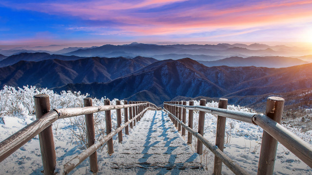 Wooden walkway mountain sunset nature free wallpaper - medium preview image