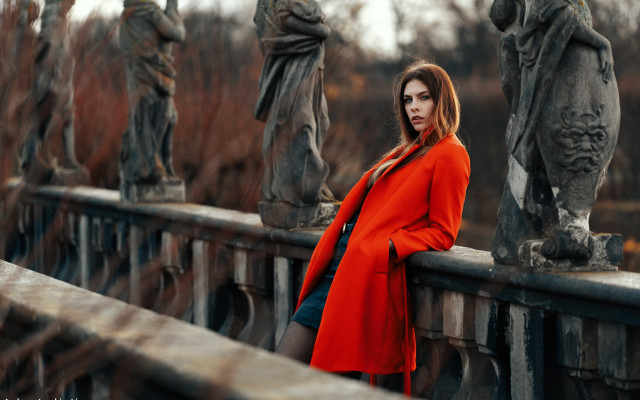 Woman red coat bridge statues free wallpaper - medium preview image
