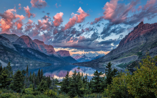 Sunset mountain lake forest clouds free wallpaper - medium preview image