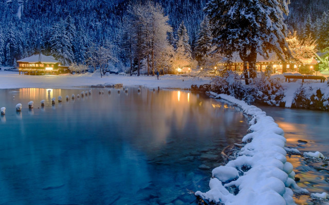 Lake snowy trees building night free wallpaper - medium preview image