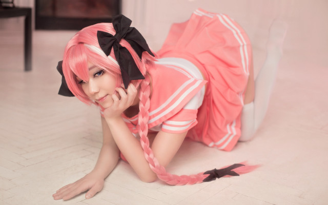 Pink hair black bow cosplay free wallpaper - medium preview image