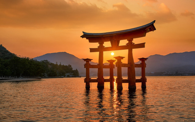 Sunset ocean bridge mountains structure free wallpaper - medium preview image