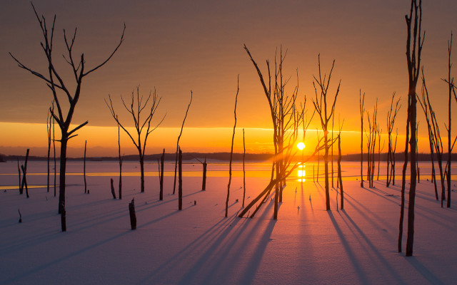 Sunset lake snow trees clouds free wallpaper - medium preview image