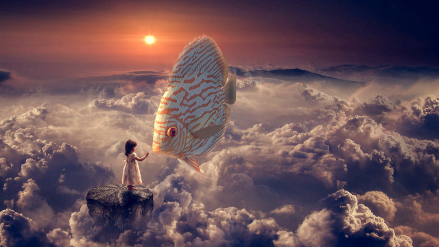 Woman fish clouds sunset cityscape free wallpaper - medium preview image