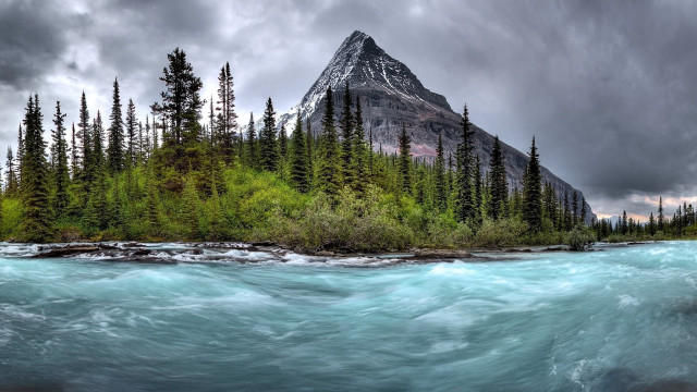 Mountain river trees foreground cloudy free wallpaper - medium preview image