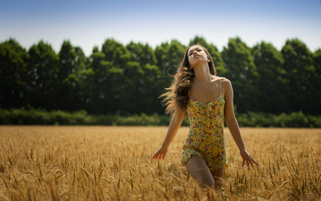 Woman yellow dress wheat sky free wallpaper - medium preview image
