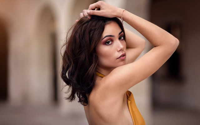 Yellow bikini woman wind portrait free wallpaper - medium preview image
