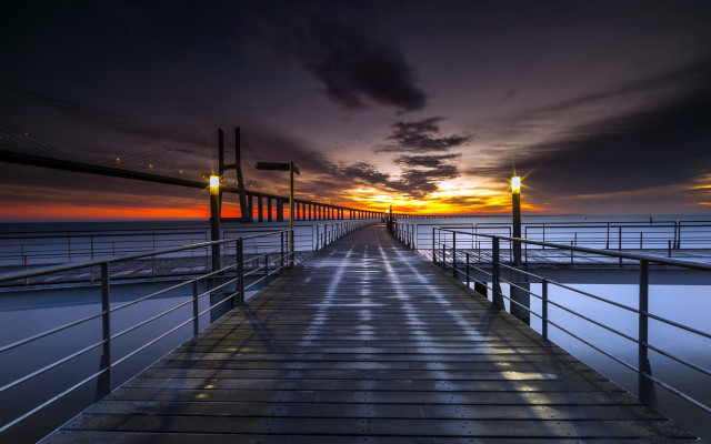 Sunset pier cityscape mountain ocean free wallpaper - medium preview image