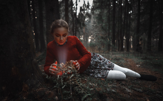 Girl red sweater woods candle free wallpaper - medium preview image