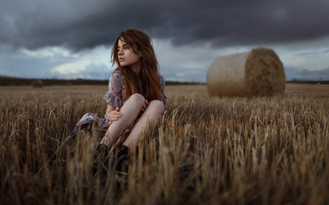 Woman field wheat bale cloudy free wallpaper - medium preview image