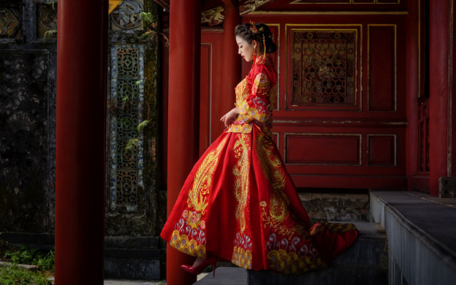 Woman red yellow dress red free wallpaper - medium preview image