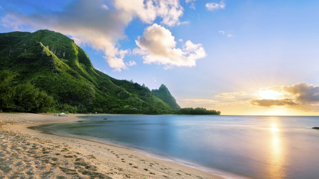 Beach mountain water boat sky free wallpaper - medium preview image