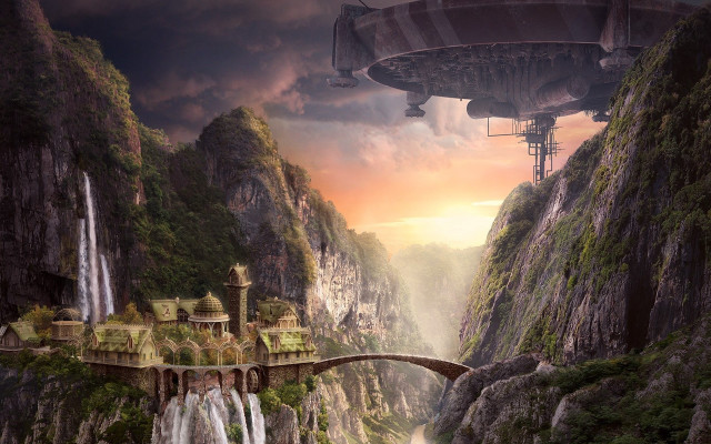 Futuristic city waterfall bridge castle free wallpaper - medium preview image