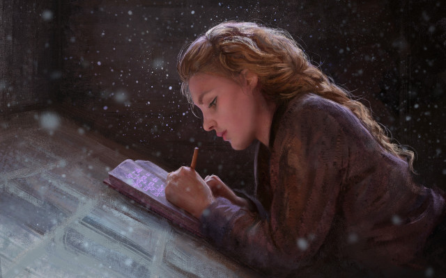 Girl writing snow book astronaut free wallpaper - medium preview image