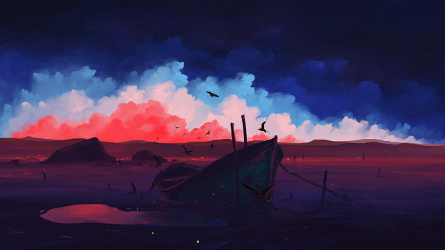 Boat water sky birds fantasy free wallpaper - medium preview image