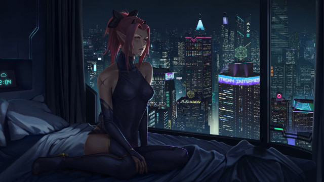 Cyberpunk astral cityscape night window free wallpaper - medium preview image