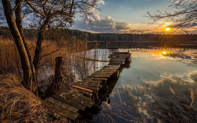 Wooden dock lake sunset autumn free wallpaper - medium preview image