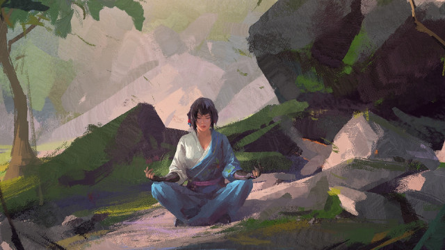 Woman forest mountain kimono sitting free wallpaper - medium preview image