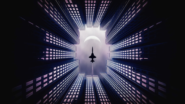 Cyberpunk cityscape tower moon skyline free wallpaper - medium preview image