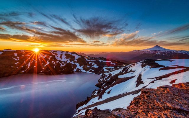 Mountain lake sunset snowy background free wallpaper - medium preview image
