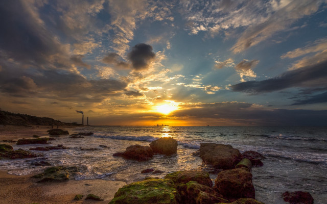 Sunset ocean rocks lighthouse cloudy free wallpaper - medium preview image