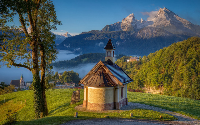 Small church grassy field mountains free wallpaper - medium preview image