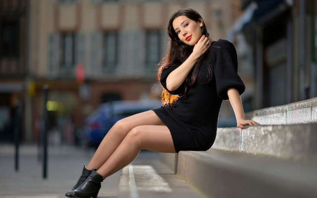 Woman black dress portrait bokeh free wallpaper - medium preview image
