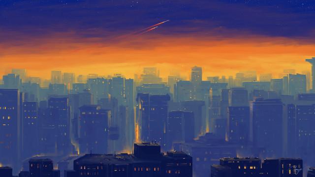 City skyline plane night orange free wallpaper - medium preview image