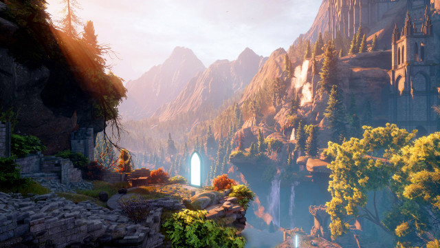 Mountain waterfall cave autumn city free wallpaper - medium preview image