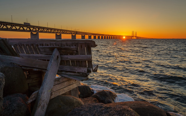 Bench shore sunset bridge boat free wallpaper - medium preview image